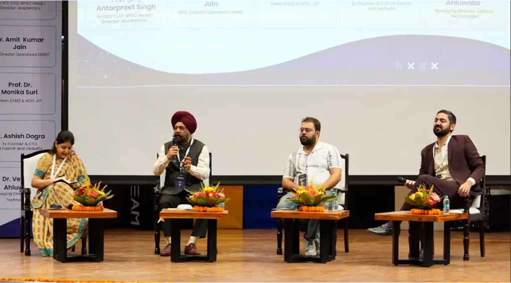 Session I Panel — AI Adoption in Business: Panelists on Stage. From left: Prof. (Dr.) Monika Suri, Prof. (Dr.) Antarpreet Singh, Er. Ashish Dogra, and Dr. Vedant Ahluwalia @ Vision AI India | Emerging Tech Conference 2025 at IIT Delhi