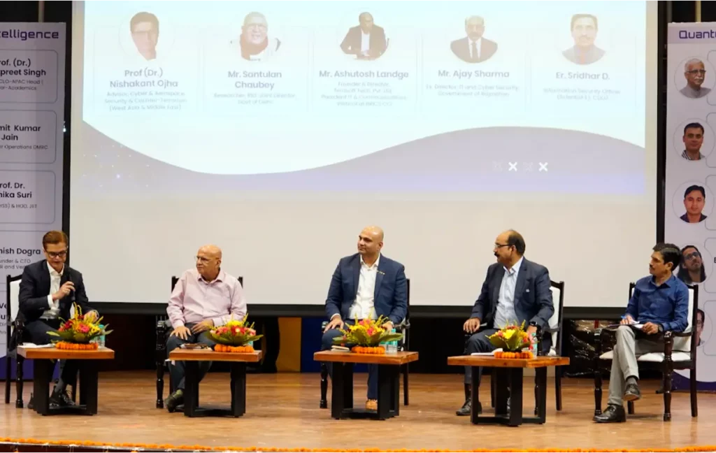 Session III Panel — Cyber Threat Intelligence in BFSI and Corporate Security. From left: Prof. (Dr.) Nishakant Ojha, Er. Santulan Chaubey,  Er. Ashutosh Landge, Er. Ajay Sharma and Er. Sridhar D. @ Vision AI India | Emerging Tech Conference 2025 at IIT Delhi