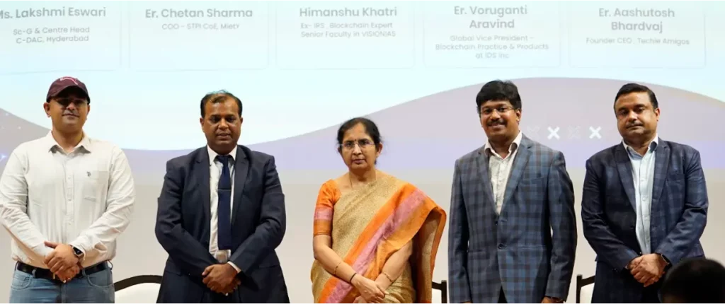 Session IV Panel — Blockchain Beyond Cryptocurrency. From left:  Er. Himanshu Khatri , Er. Chetan Sharma, Dr. P. R. Lakshmi Eswari, Er. Voruganti Aravinda Rao, Er. Amit Chandra, @ Vision AI India | Emerging Tech Conference 2025 at IIT Delhi